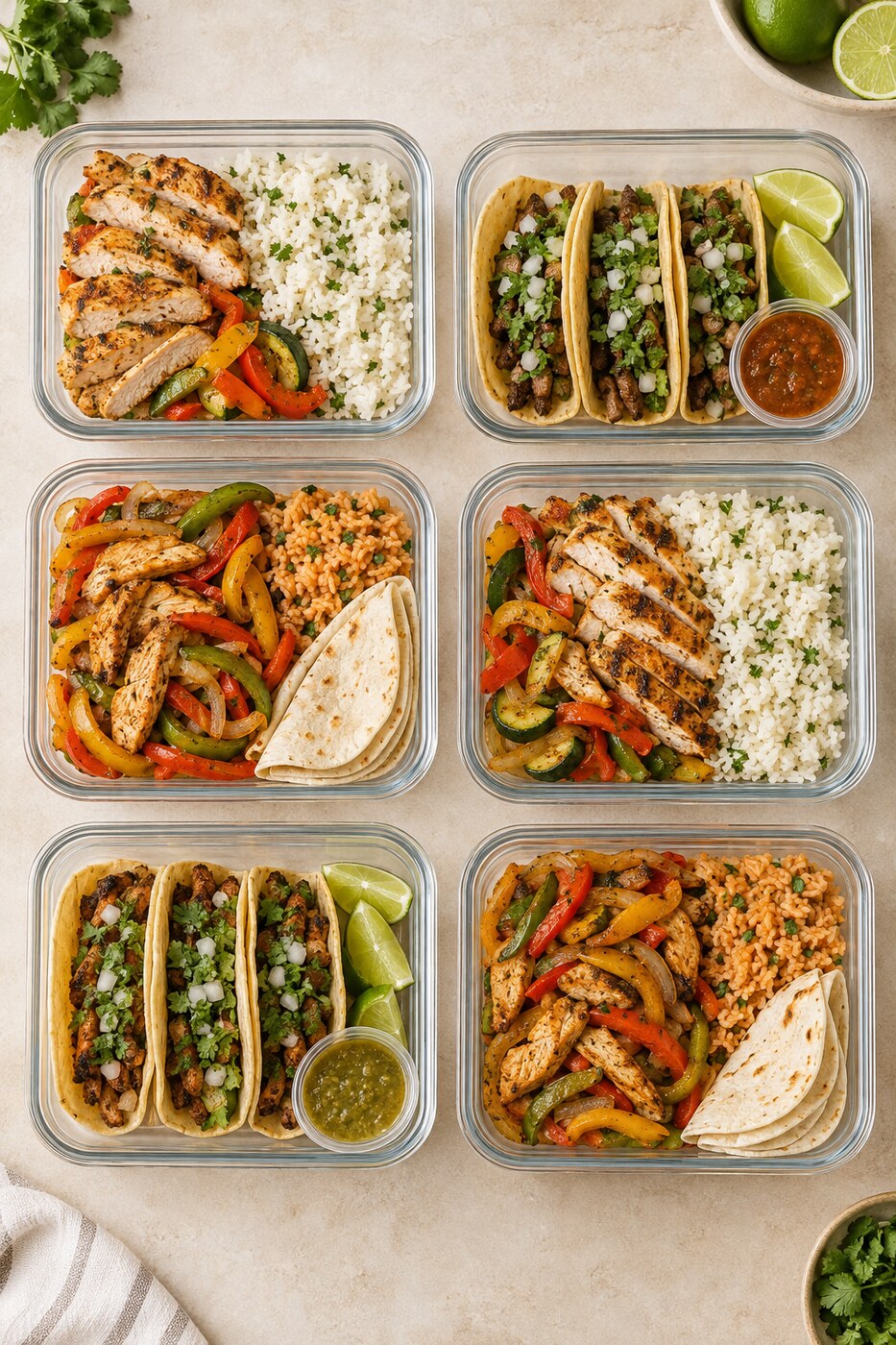 Meal prep variety: chicken and rice, tacos with salsa and lime, and chicken fajitas with peppers and tortillas