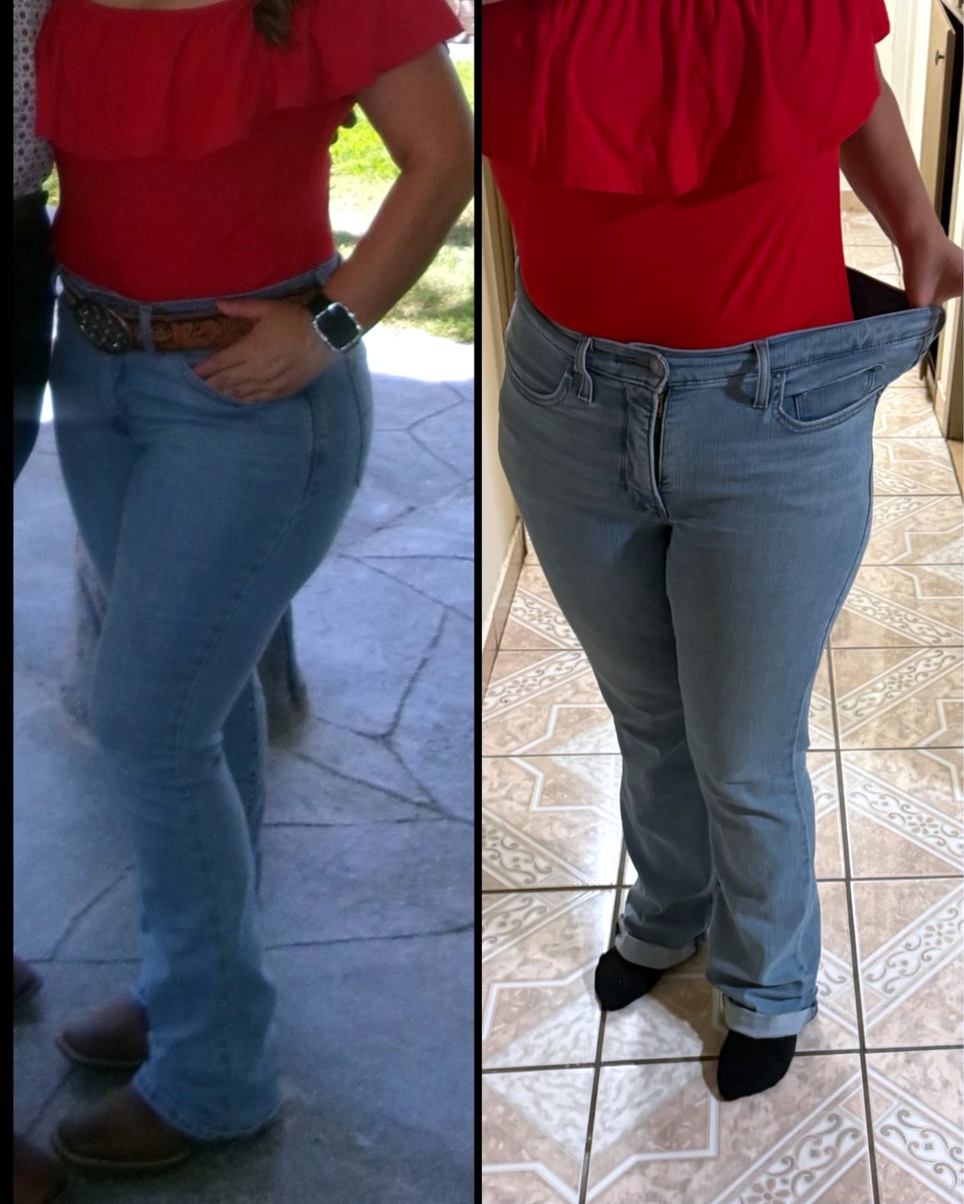 VP Fitness client holding out oversized jeans after weight loss