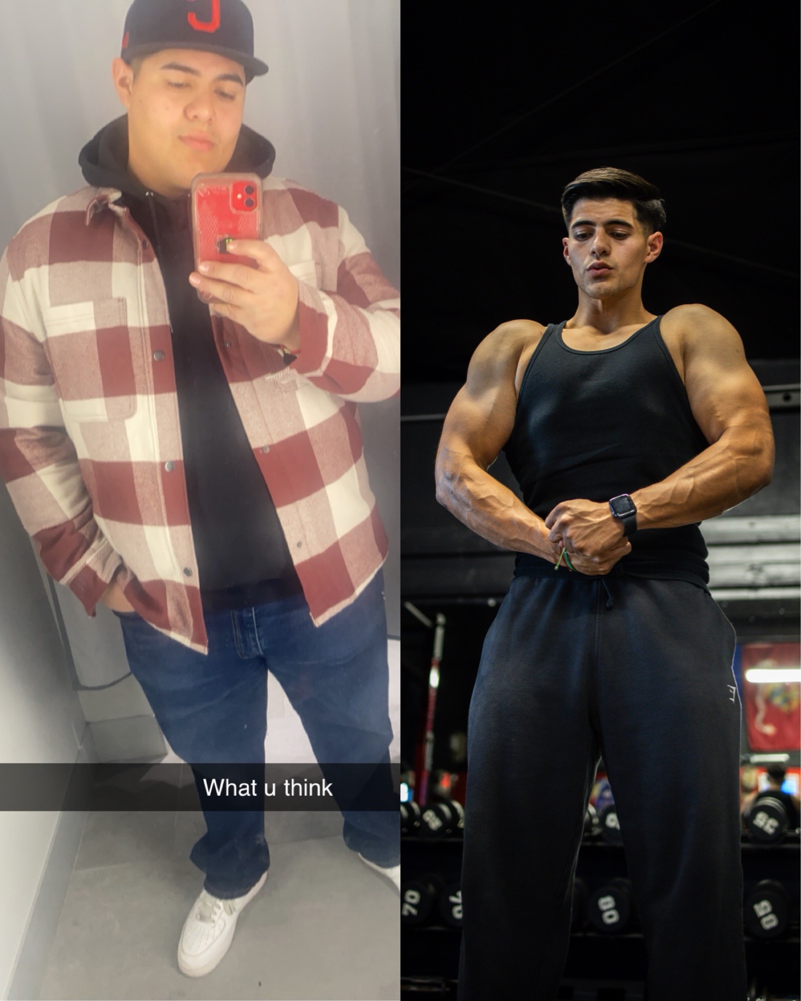 Jose's transformation: plaid shirt before and recent gym pose after