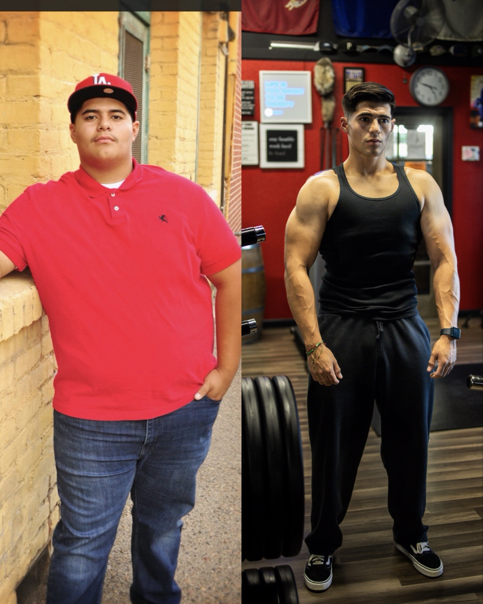 Jose's transformation: red polo before and recent gym photo after